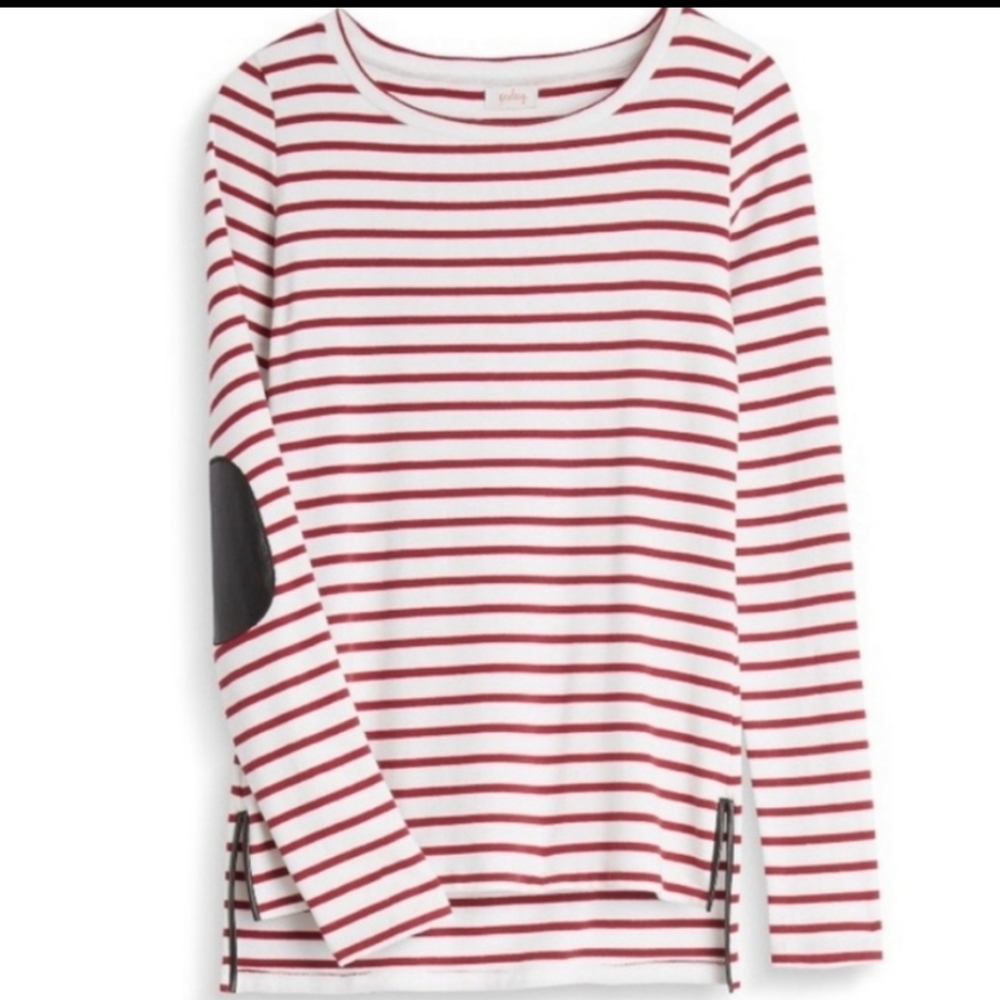 Pixley burgundy striped black faux leather elbow patch long sleeve shirt